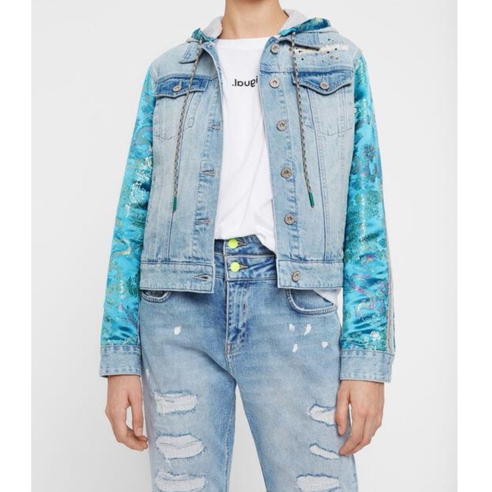 Desigual Denim Jacket with Tiffany Blue floral satin sleeves. Size 40.